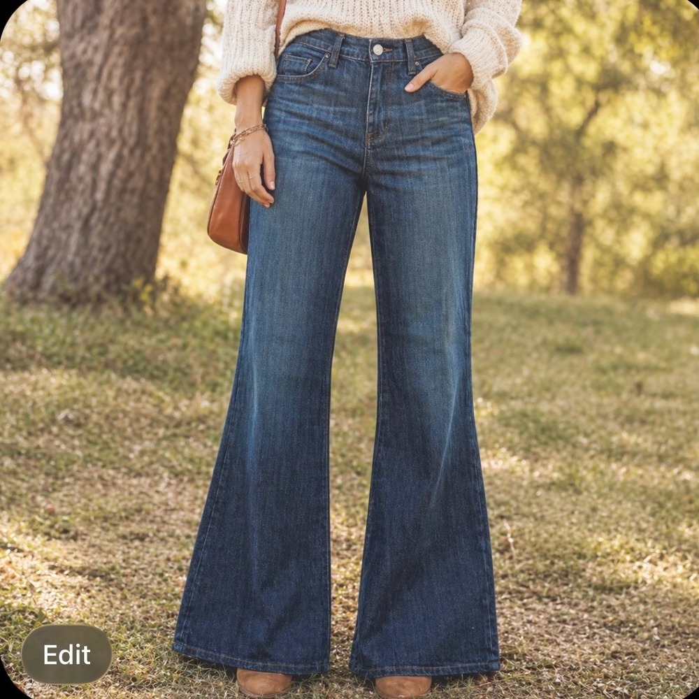 Goldsign Elan Dark Wash Flare Jeans 25 High Rise Wide Leg Denim Made in USA